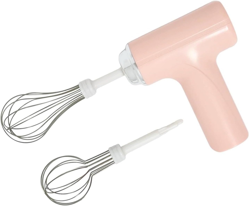 Cordless Hand Mixer, One Touch Off Handheld Electric Whisk with 3 Speed Modes, Hand Held Egg Beater with 2 Detachable Stir Whisks (Pink)