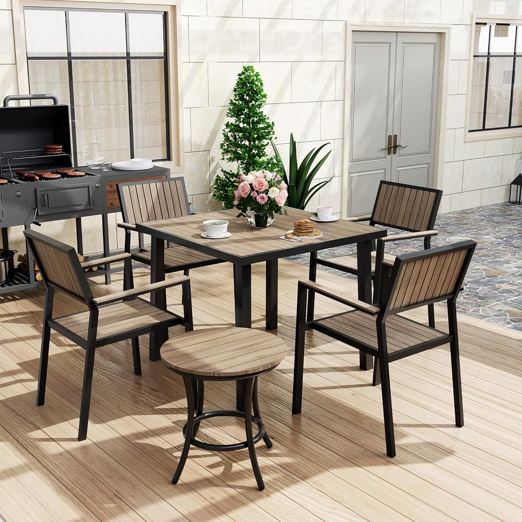 Pamapic 6-Piece Patio Dining Set，Outdoor Aluminum Furniture Set with Plastic-Wood Table Top,Outdoor Furniture Set with 4 Outdoor Stackable Chairs for Patio Garden Poolside (Walnut)