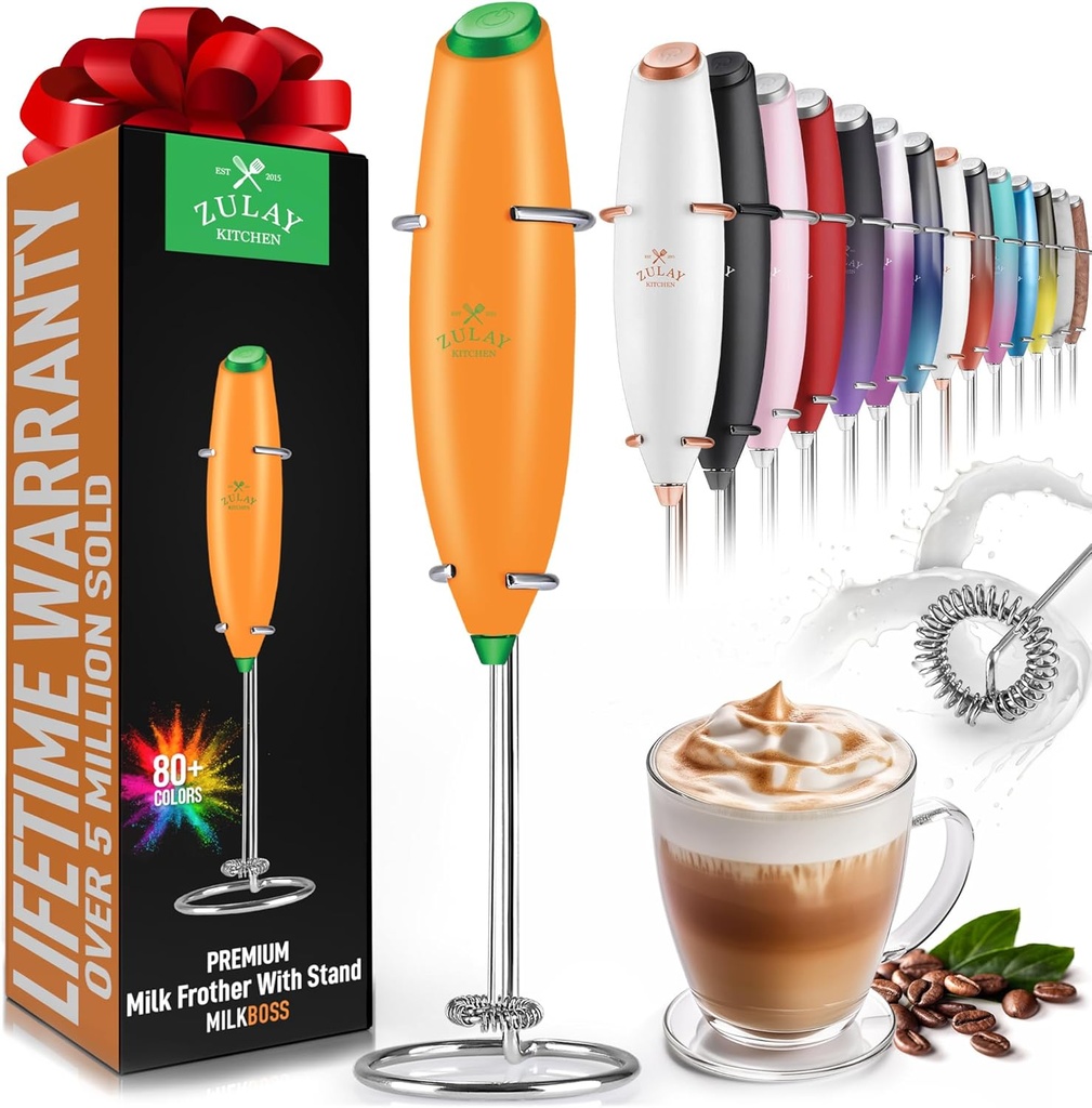 Zulay Powerful Milk Frother Handheld Foam Maker for Lattes - Whisk Drink Mixer for Coffee, Mini Foamer for Cappuccino, Frappe, Matcha, Hot Chocolate by Milk Boss (Orange/Green)
