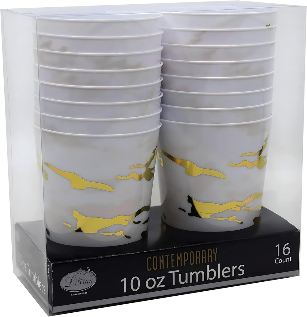 Contemporary Plastic Tumblers - 10 oz | White/Gold | Pack of 16