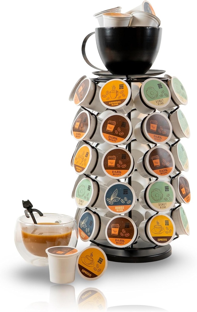 Made Easy Kit Carousel Coffee Pod Organizer - Compatible with Keurig K-Pods K-Cups - Countertop 360 Spin Rack Storage - Lazy Susan Revolving Base Metal (Black Coffee Mug, Large (40 Pods))