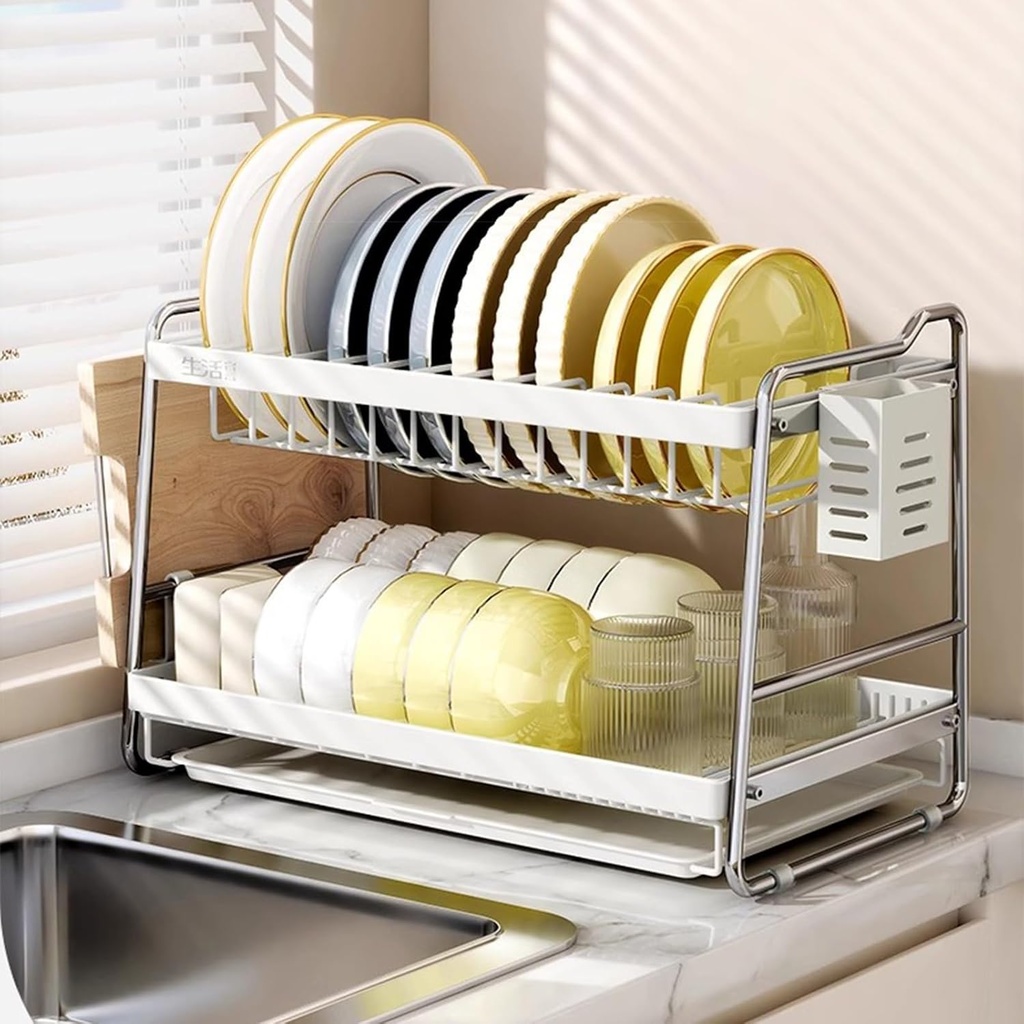 Drying Rack for Kitchen Counter, 2 Tier Rt-Resistant Dish Rack Detachable Dish Drainer Organizer Shelf with Utensil Holder, 50x23.6x28.7cm, Silver