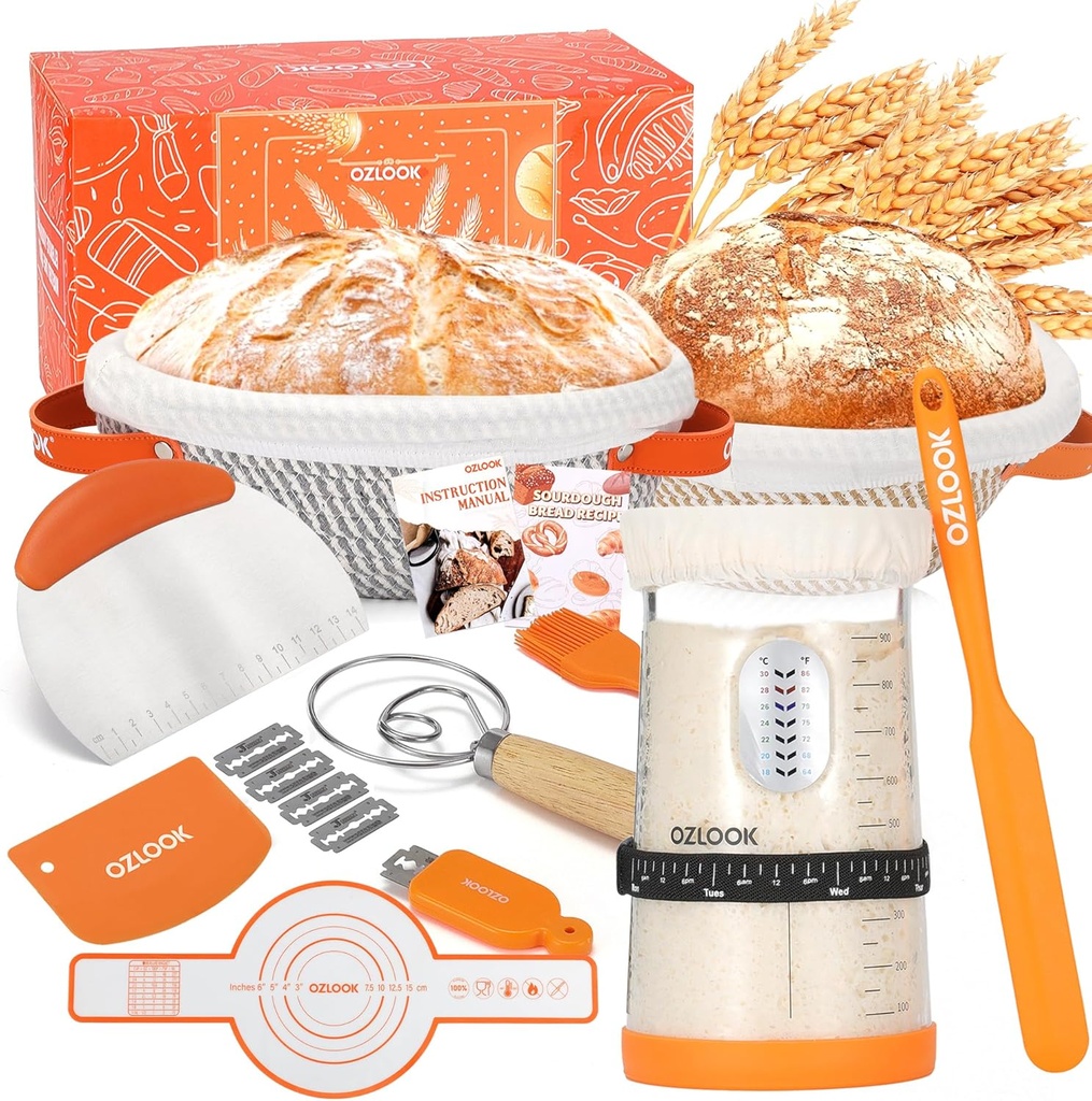 Sourdough Starter Kit,34oz Sourdough Starter Jar,2 X Cotton Rope Banneton Bread Proofing Basket with Bread Lame, Scraper,Sling, Dough Whisk,Perfect Gifts for Bakers Sourdough Bread Baking Supplies