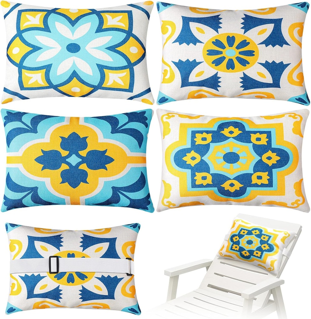 Juexica 4 Pack Chaise Lounge Headrest Pillow, Decorative Outdoor Patio Neck Headrest Pillow with Adjustable Elastic Strap and Insert, Waterproof, for Pool Recliner, Beach Chair(White,Floral)