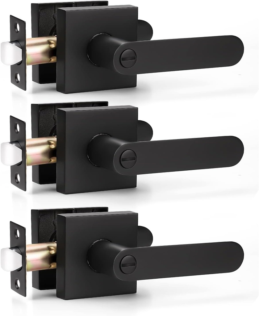 KNOBWELL 3 Pack Privacy Door Handles Interior, Matte Black Door Levers with Lock, Modern Heavy Duty Square Door Locks for Bedroom and Bathroom, Keyless Door Knob