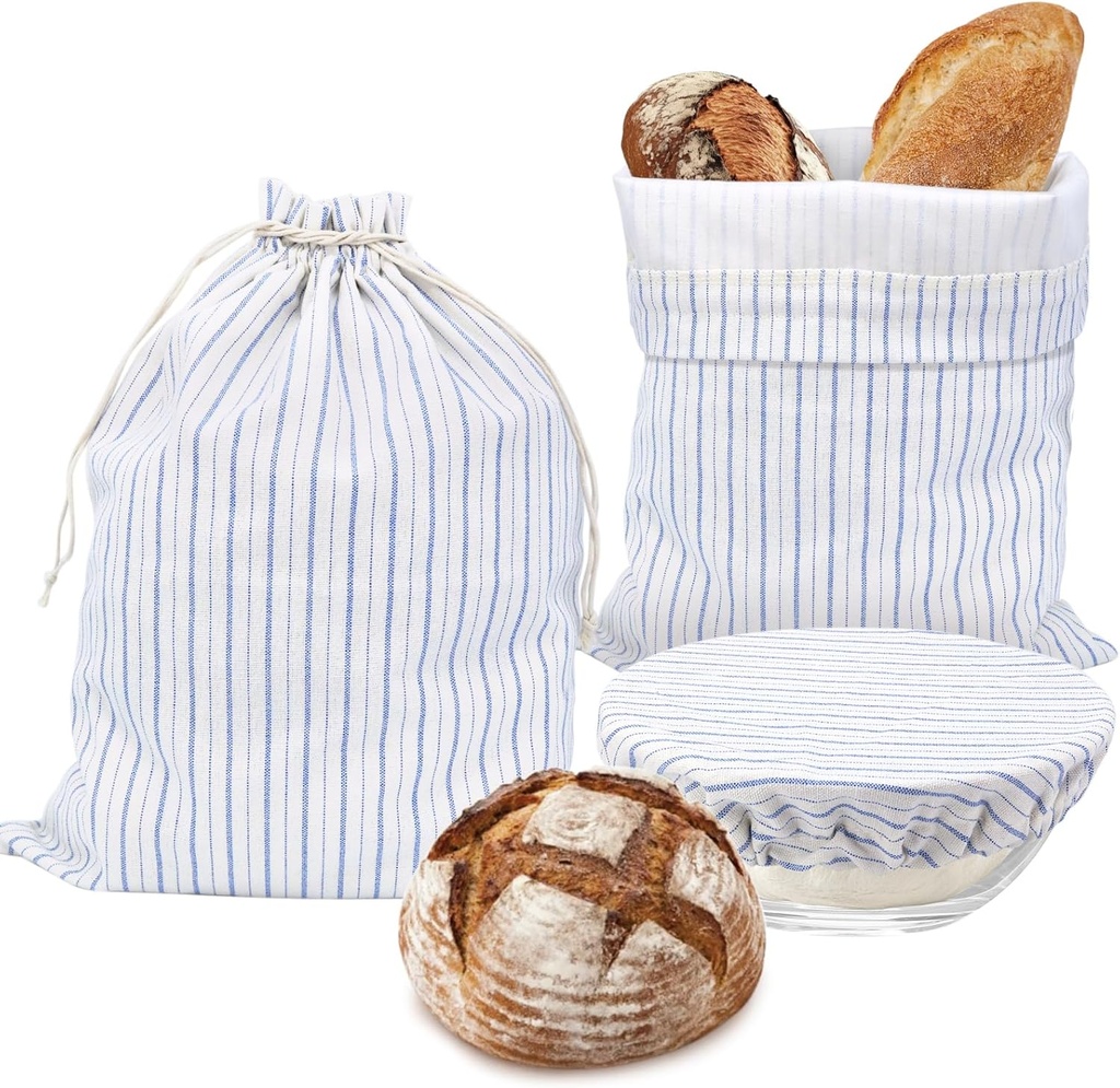 Reusable Bread Bags for Homemade Bread with TPU Lining & Proofing Bowl Cover, Organic Cotton Sourdough Bread bags for Baker Lovers (stripe)