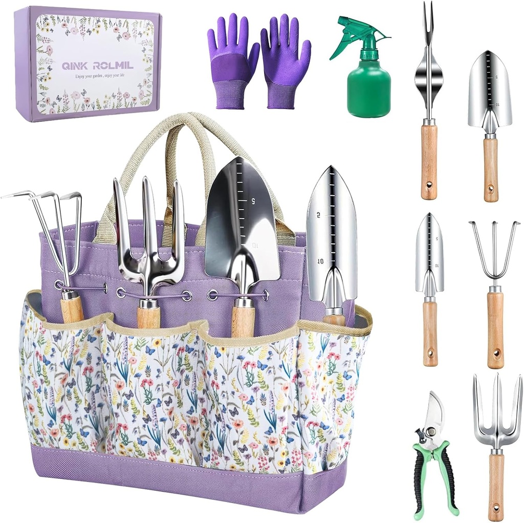Garden Tools Set 9-Piece, Heavy Duty Stainless Steel Garden Hand Tools with Floral Tote Bag - Rust-Proof Garden Tools for Gardening, Gardening Gifts for Women Mom​