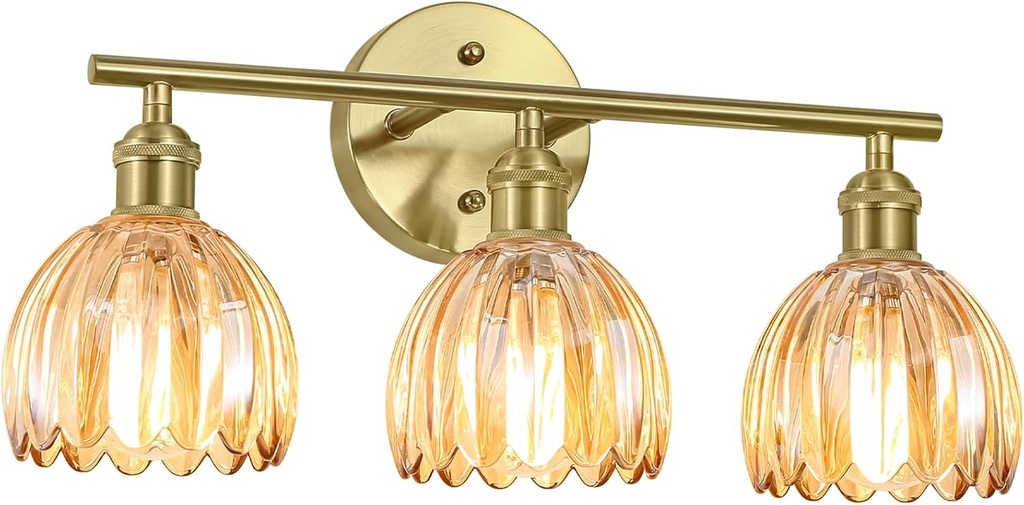 Vintage Bathroom Light Fixtures,3-Light Hardwired Vanity Lights Over Mirror,Gold Wall Sconces with Amber Tulip Glass Shade for Bathroom Living Room,E26 Socket(Bulbs Not Included)