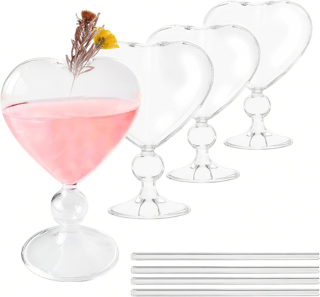 4PCS Heart Shaped White Wine Glasses, Glass Highball Glasses, Cocktail Glasses for Parties, Homes, Bars, Clubs, Restaurants, Hotel Venue