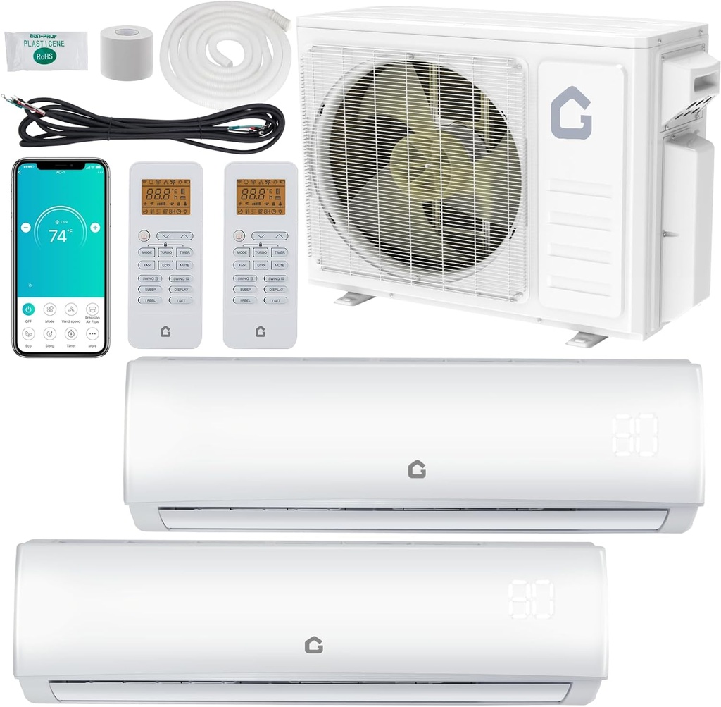 20000 BTU Dual Zone WIFI Mini Split AC/Heating System, 20 SEER2 208-230V (9K + 9K) Ductless Split Air Conditioner with Pre-Charged Condenser & Heat Pump, Not Include Copper Tube Line Set