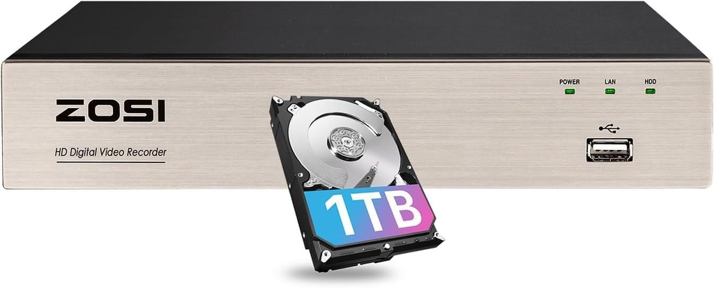 ZOSI H.265+ 3K Lite 8 Channel CCTV DVR with 1TB Hard Drive, Motion Detection, Alert Push, 8CH 1080P Hybrid 4-in-1 Analog(TVI/AHD/CVI/CVBS) Surveillance DVR Recorder for 720P,960H,1080P Security Camera