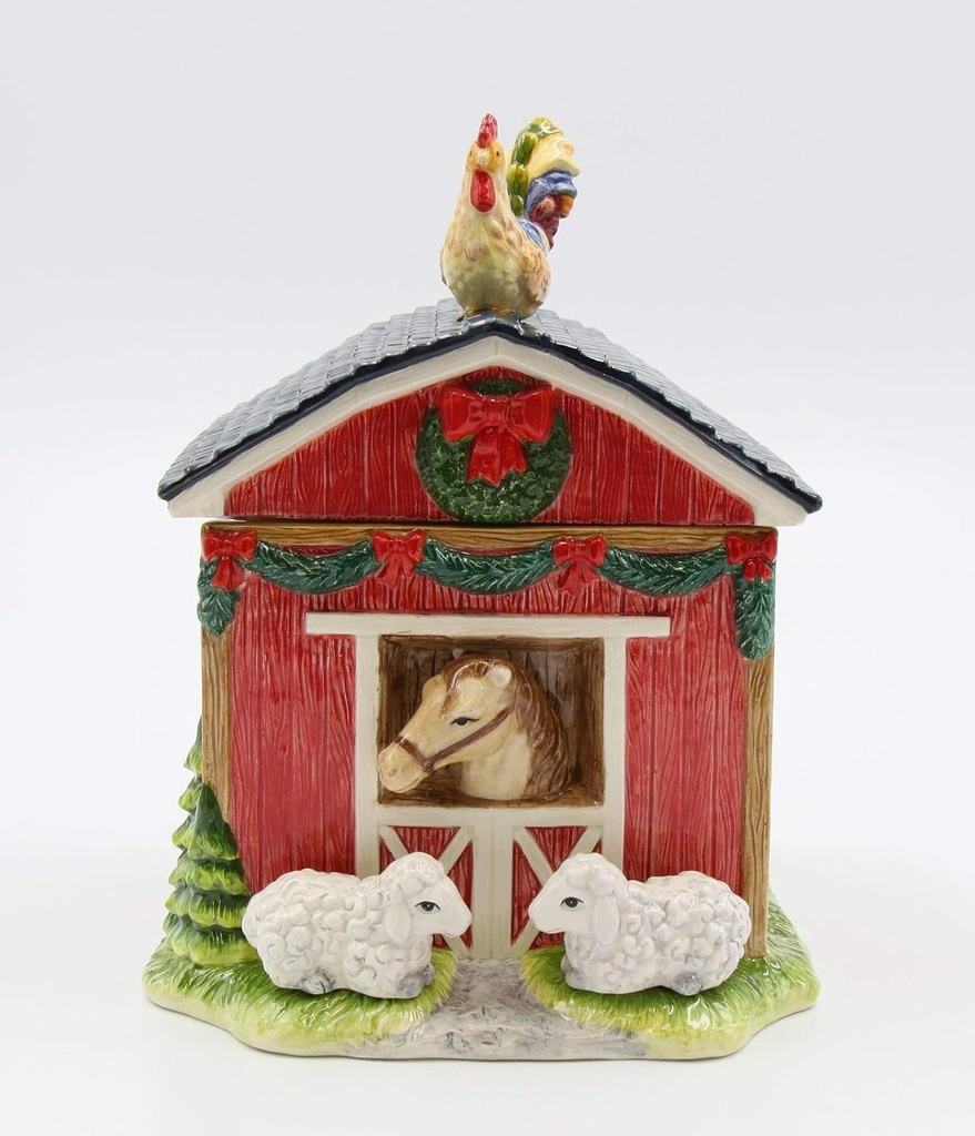 Cosmos Gifts Fine Ceramic Christmas Farm House Barn Cookie Jar with Rooster, Horse & Sheep, 8-3/4" H