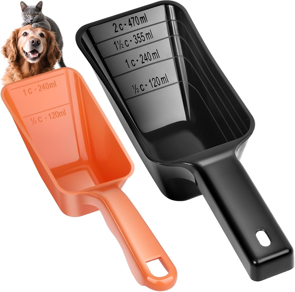 2-Pack Dog Food Scoop Set,1 Cup and 2 Cup Plastic Pet Food Measuring Scoops with Clear Measurement Lines,Multi-Purpose Pet Food Scooper for Dogs, Cats (Orange and Black)