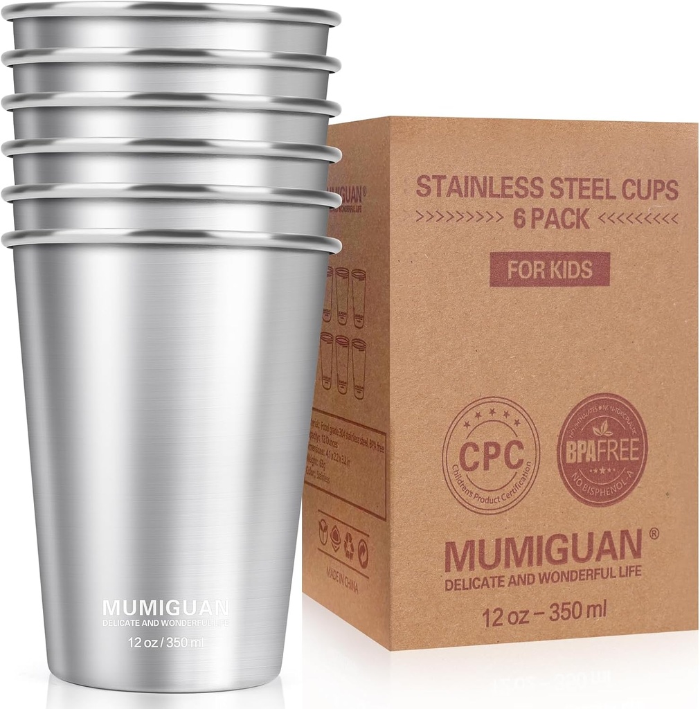 Stainless Steel Cups for Kids 12oz/350ml (6 Pack), Stainless Steel Tumbler, Kids Cups, Camping Stainless Steel Cups, Stackable Metal Drinking Glasses, BPA Free, Stackable, Durable.