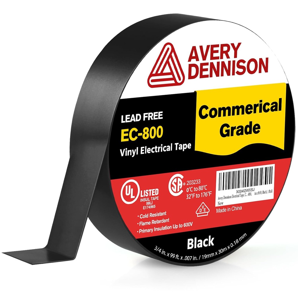 Avery Dennison Electrical Tape, Commercial Grade PVC Electric Tape, UL/CSA Listed Insulating Vinyl Tape for Electrical, Repairs, Automotive and Equipment, EC-800, ¾ in x 99 ft, Black, 1 Roll