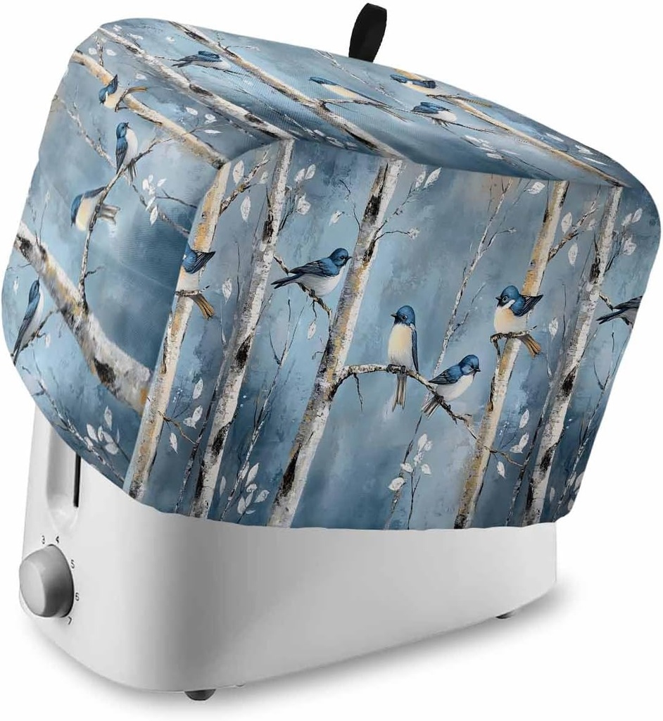 Teal Vintage Branches Small Toaster Cover 2 Slice, Kitchen Appliance Covers with Pocket & Loop, Vintage Birds Farmhouse Polyester Bread Machine Covers Dust & Fingerprint Protection