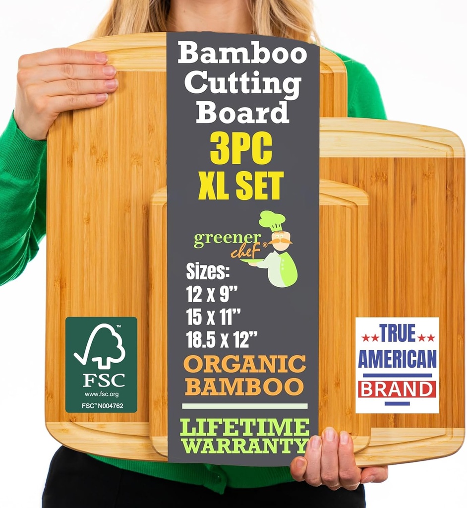 Organic Extra Large Bamboo Cutting Board Set of 3 with Lifetime Replacements – Premium Wooden Kitchen Boards for Chopping, Carving & Serving, Non-Toxic & Durable – by Greener Chef