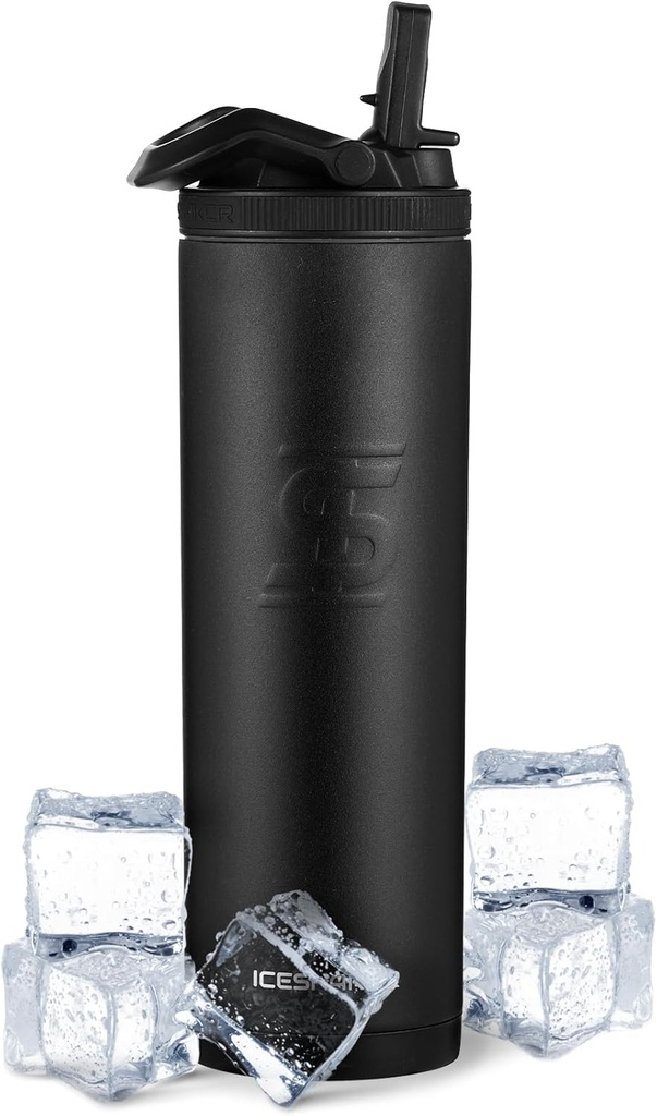 Ice Shaker Insulated Stainless Steel Sports Bottle | 20 oz, Black | Stays Cold for 24+ Hours | Flip Up Sport Straw | Odor-Free Bottle for Protein Shakes, Water, Intra-Workout