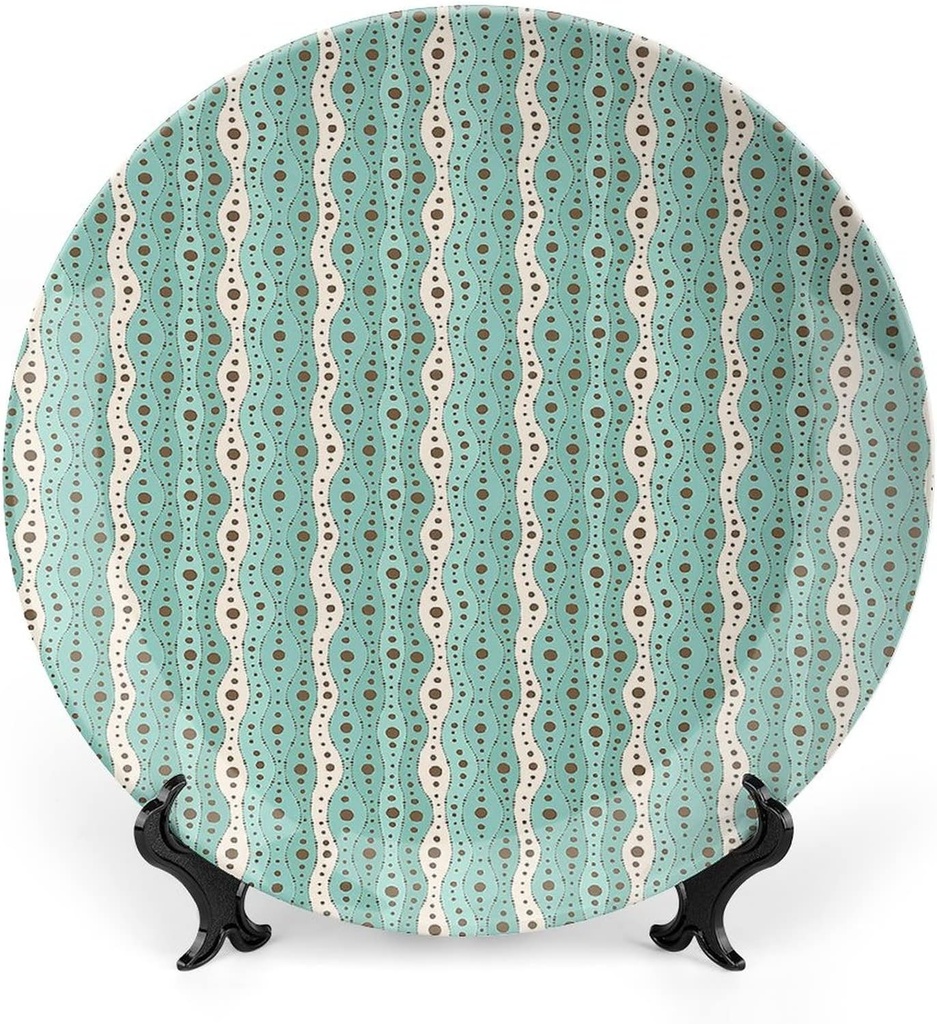 6 Inch Decorative Plate,Turquoise Ceramic Stoneware, Traditional Polka Dots Vertical Lines Hand Drawn Print Ornament Display Plate Decor Accessory for Dining, Parties, Wedding, Turquoise Brown Cream