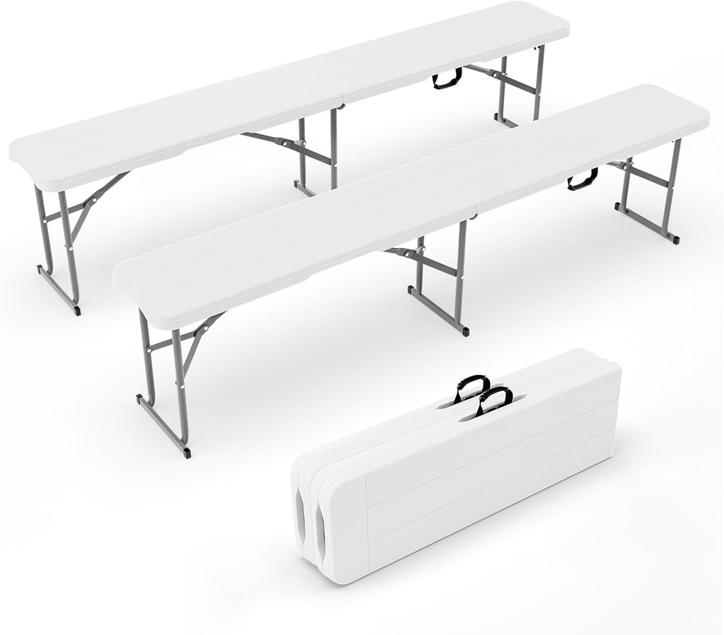 VINGLI 6 feet Plastic Folding Bench,Portable in/Outdoor Picnic Party Camping Dining Seat, Garden Soccer Multipurpose Entertaining Activities, Smooth HDPE Tabletop, 2 Pack, White