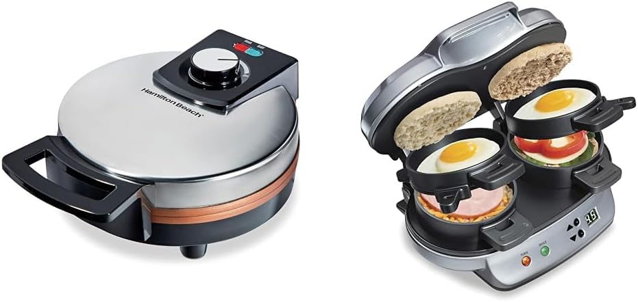 Hamilton Beach Belgian Waffle Maker with Non-Stick Copper Ceramic Plates, Browning Control, Indicator Lights, Stainless Steel (26081) & Dual Breakfast Sandwich Maker with Timer, Silver (25490A)