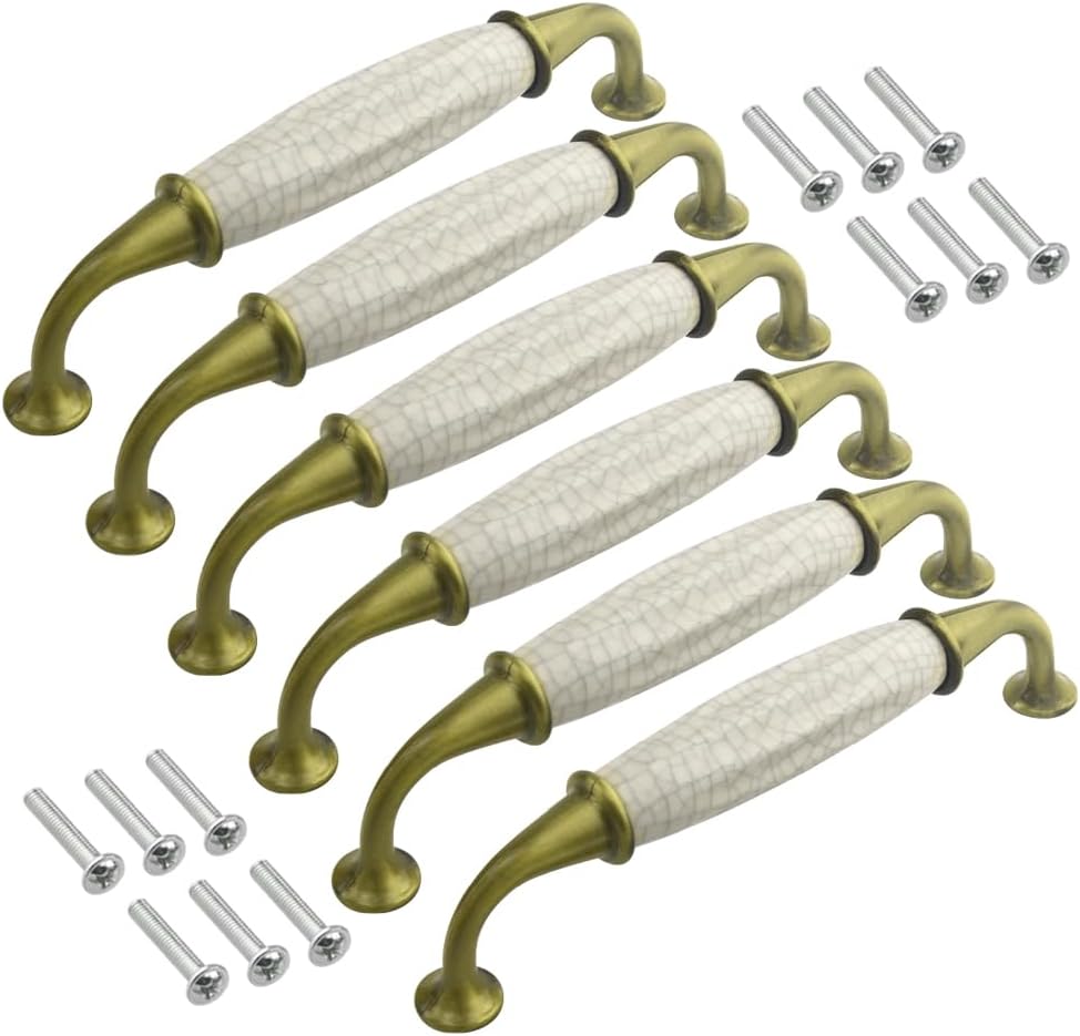 XINGYHENG 6PCS Cabinet Dresser Pulls White Ceramic Dresser Pulls Cupboard Drawer Pull Knobs Door Pull Handle with Screws 5"/128mm Centers (Gold, White) (5 Inch Hole Centers)
