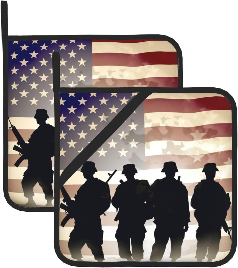 Armed Forces Day American Print Pot Holder Set of 2 Kitchen Heat Resistant Thickened Hot Pads with Loop Waterproof Potholders for Microwave Cooking Baking Oven BBQ 8 x 8 Inch