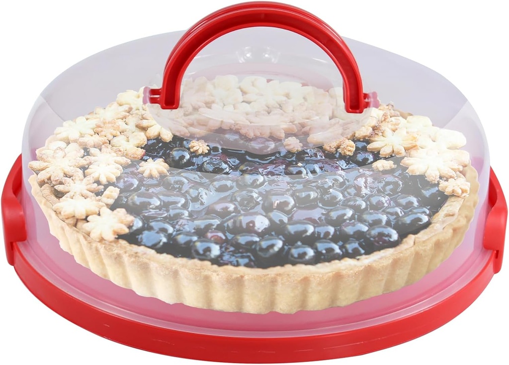 12inchPortable Pie Carrier with Lid and Cupcake Muffin Tart Cookie Keeper Food, for Wedding Party Baby Shower Party Christmas,Suitable for 10 in x 4 1/2 in cake (Red)