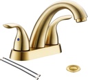 Phiestina Brushed Gold 4 Inch Centerset 2 or 3 Holes 2 Handle Bathroom Faucet, Bathroom Faucet with Copper Pop Up Drain and Water Supply Lines, BF008-5-BG