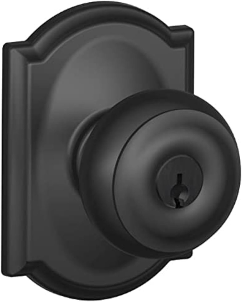 Schlage F51-GEO-CAM Georgian Keyed Entry F51A Panic Proof Door Knob with Camelot, Matte Black