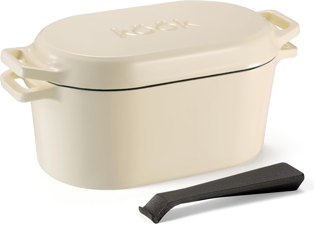 KooK Dutch Oven, for Bread Baking, Sourdough Loaf Pan, with Lid, Dual Handles, Enameled Cast Iron, includes Lid Lever, Dishwasher Safe, 3.4 Qt, Ivory