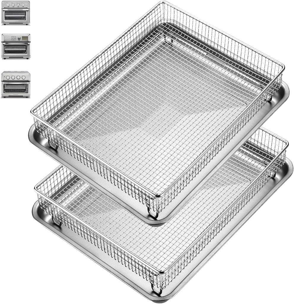 2Pack Air Fryer Accessories Basket and Tray for Cuisinart TOA-60 TOA-65 TOA-70 TOA-75, 12.3"x11" Nonstick Stainless Steel Baking Sheet Grilling Oven Air Fryer Basket for Family BBQ Party Cooking