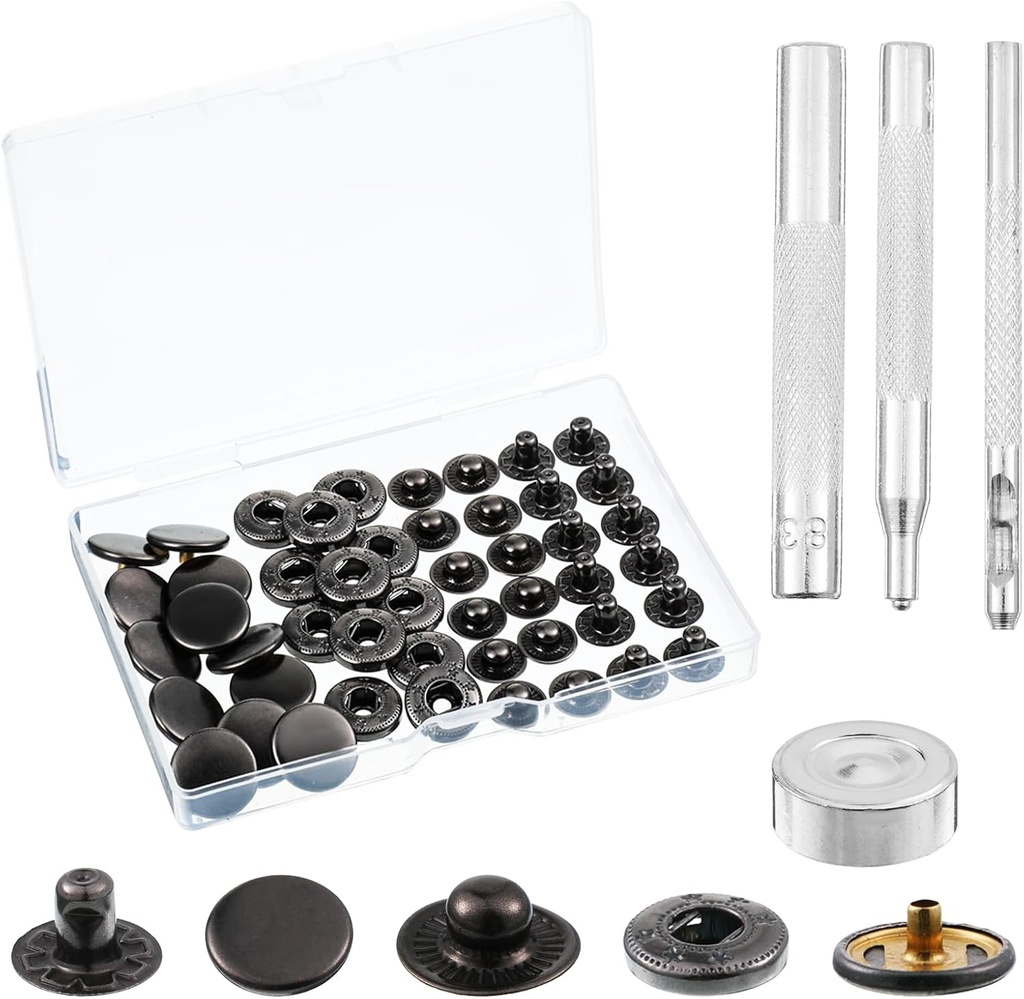 12 Set Snaps Button Kit, 15mm Leather Snap Fasteners with 4 Install Tools, Metal Snaps for Clothing Jackets Bags Fabric Jeans DIY Sewing (Black)