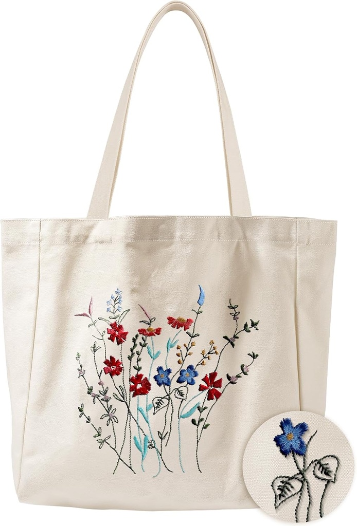 Aesthetic Embroidery Tote Bag for Women - with Magnetic Buckle and Zipper Inner Pocket for Lady Cotton Tote Bag