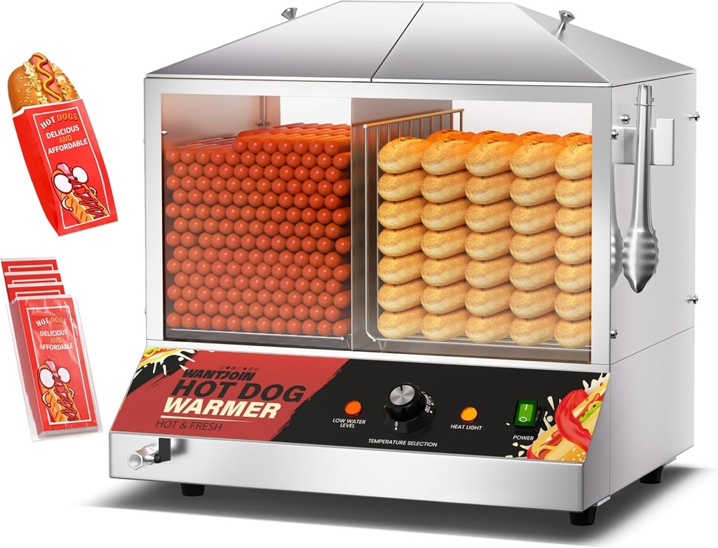 WantJoin Commercial Hot Dog Steamer - 36L/38QT Electric Hot Dog Steamer and Bun Warmer, Stainless Steel Hot Dog Cabinet with Tempered Glass 200-275 Sausages & 40-45 Buns, 1200W