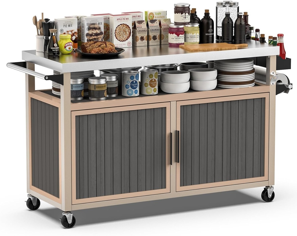 Skyflame Outdoor BBQ Storage Cabinet with Wheels, XL Stainless Steel Tabletop Grill Cart for Food Prep, Portable Kitchen Island Grilling Accessory for Patio, Backyard, Home Party, Bar
