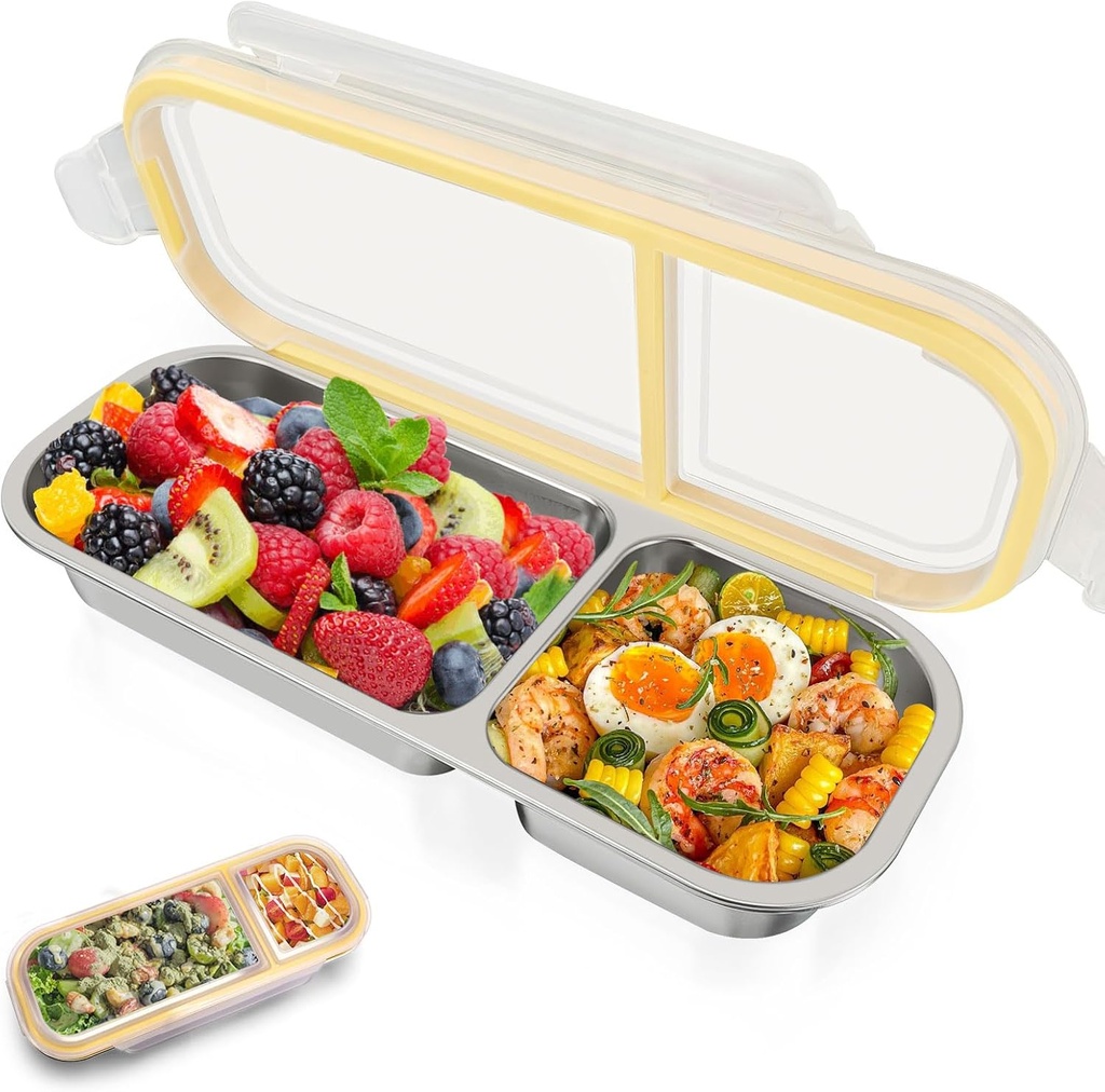 Large Reusable Stainless Steel Snack Box Container with Lids, 2 Compartment Airtight Snack Pack Containers, Stackable Leak-Proof Condiment for Camping Travel 23.6 Oz