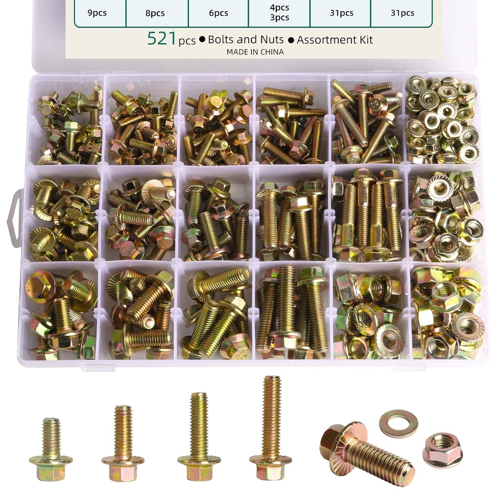 521PCS M6 M8 M10 Flange Bolts Assortment Kit - 8.8 Grade Alloy Steel,Bolt Assortment for Industrial & Construction Use​
