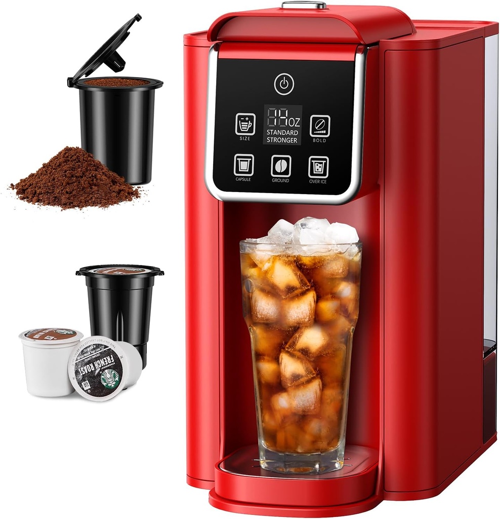 SHARDOR Single Serve Coffee Maker, Hot and Iced Coffee Machine for K Cup Pods & Ground Coffee, 6 to 14 oz Brew Sizes, with 50 oz Removable Water Tank, Bold Brew Setting, Stainless Steel, Red