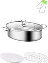 Stainless Steel Fish Steamer Set, Large Oval Steamer Pot Cooker with Glass Lid, Multi-Use Cookware for Fish Soup Chicken Cooking (Silver)