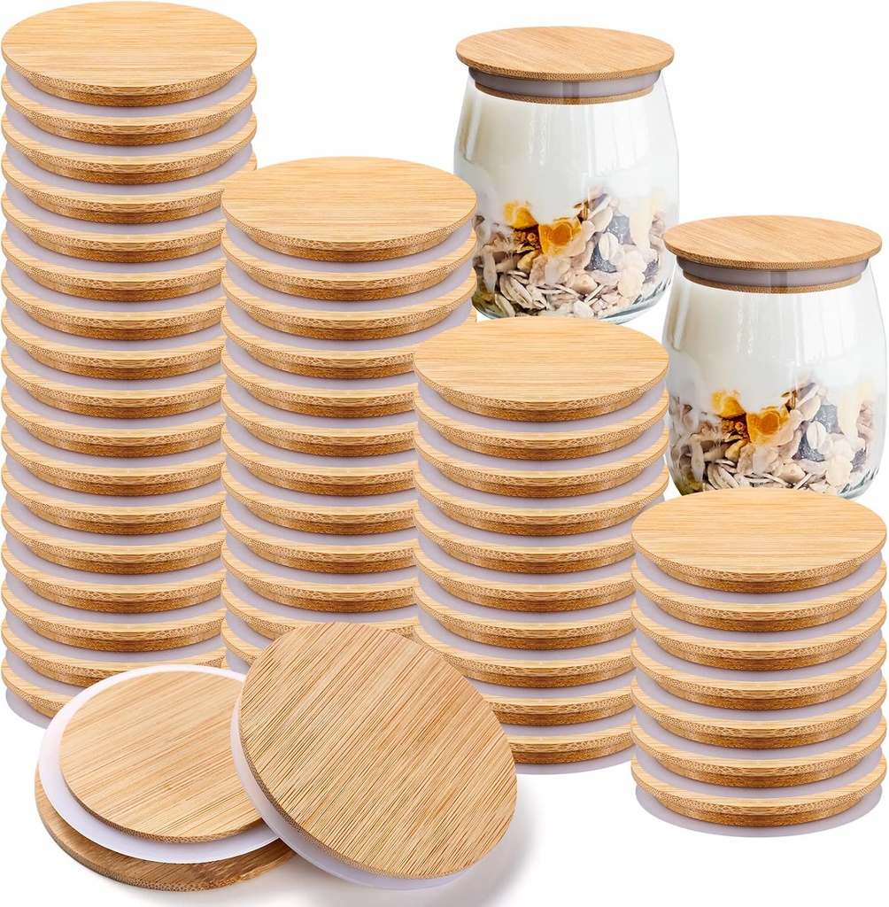 Roowest 40 Pcs Yogurt Jar Lids Bulk Compatible with Oui Yogurt Jars, Natural Bamboo Wooden Lids Round Reusable Canning Covers with Silicone Sealing Rings for Cookie Coffee Kitchen Food Airtight Store
