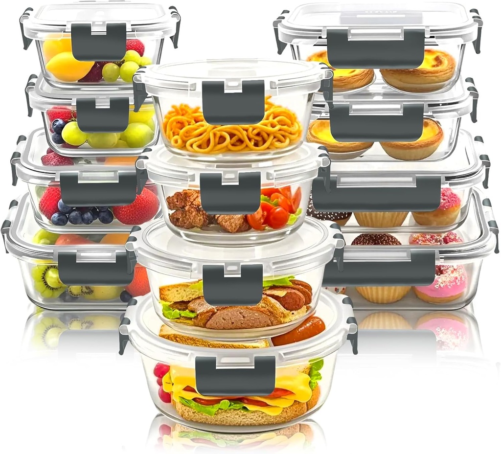 12 Pack Glass Food Storage Container Set with Snap Locking Lids Airtight, Stackable Borosilicate Glass Meal Prep Containers, Microwave, Oven, Freezer and Dishwasher Safe (Gray)