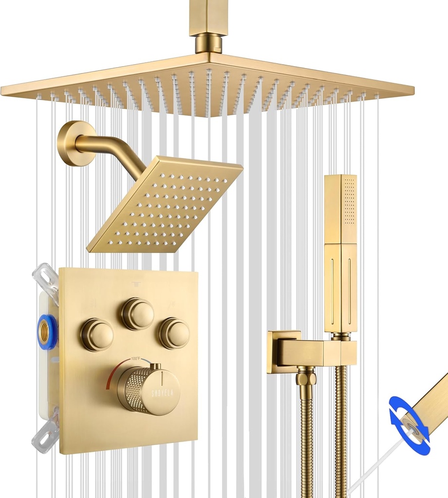 Thermostatic Shower System Brushed Gold, Push Button Diverter Shower Faucet with 2 in 1 Handheld, Ceiling Mount 12 Inch Shower Head with 6 Inch Wall Mount Shower Head