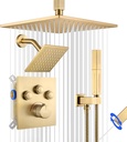 Thermostatic Shower System Brushed Gold, Push Button Diverter Shower Faucet with 2 in 1 Handheld, Ceiling Mount 12 Inch Shower Head with 6 Inch Wall Mount Shower Head