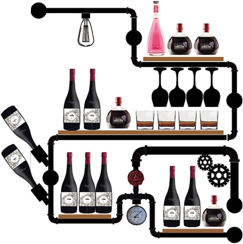Wine Rack, Wall-mounted Metal Wine Glass Rack Pipe Hanging Bottle Holder Wooden Floating Shelf Industrial Antique Decorative Display Rack With Lamp For Wine Cellar, Bar, Family (Black M wine rac visio
