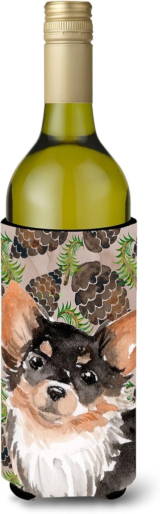 Caroline's Treasures BB9599LITERK Long Haired Chihuahua Pine Cones Wine Bottle Hugger Bottle Cooler Sleeve Hugger Machine Washable Collapsible Insulator Beverage Insulated Holder