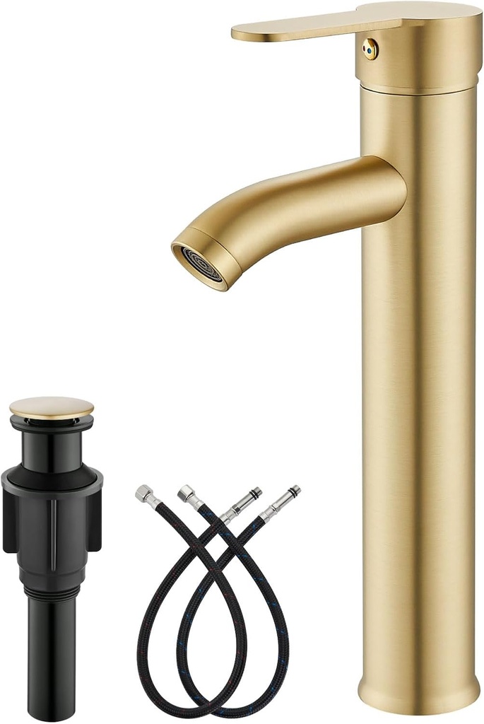 gotonovo Vessel Sink Faucet Modern Bathroom Faucet 1 Hole Deck Mount Lavatory Vanity Single Handle Mixer Tap with Water Supply Hoses and ABS Pop Up Drain Without Overflow, Brushed Gold