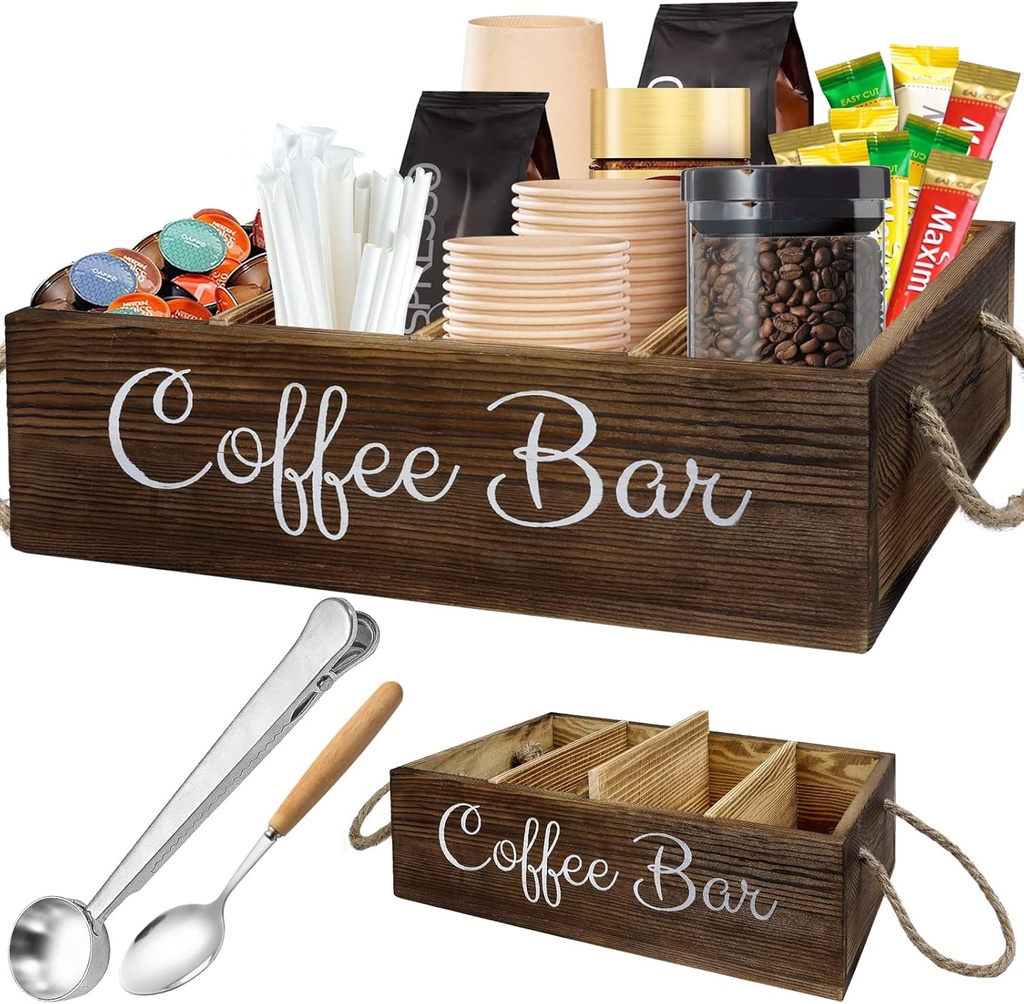 INFTYLE Coffee Station Organizer - Wooden Coffee Bar Organizer with 3 Removable Dividers,Coffee Pod Holder Storage Basket with Coffe Spoon, Coffee Station Holder for Coffee Bar Decor, Coffee Lover