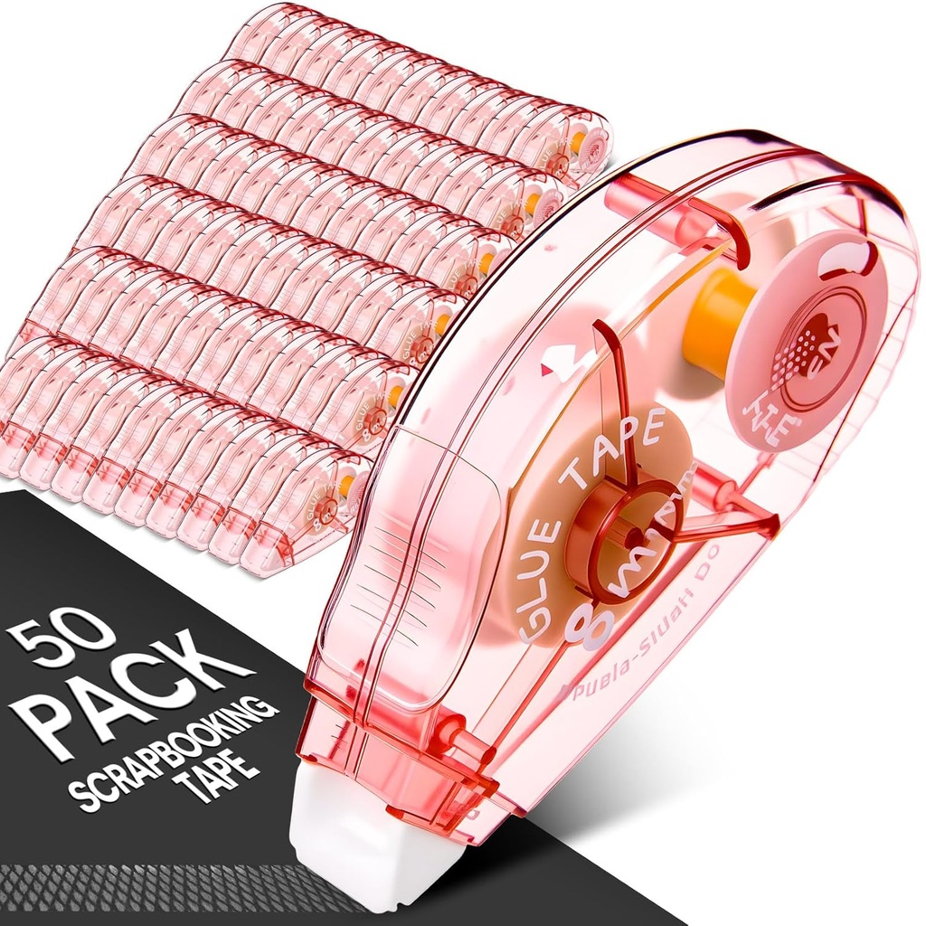 50 Pack Double Sided Tape Bulk, Glue Tape Roller 0.3 Inch × 26.25 ft Adhesive Dot Roller Applicators for Journaling Scrapbook Supplies Crafts Gift Wrapping(Pink)
