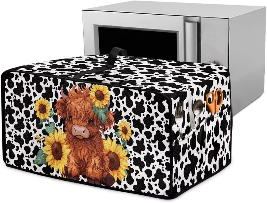 Sunflower Toaster Oven Cover for Kitchen Counter Highland Cattle Print Bread Machine Dust Cover Compatible with Air Fryer Toaster Smart Oven, M, Black